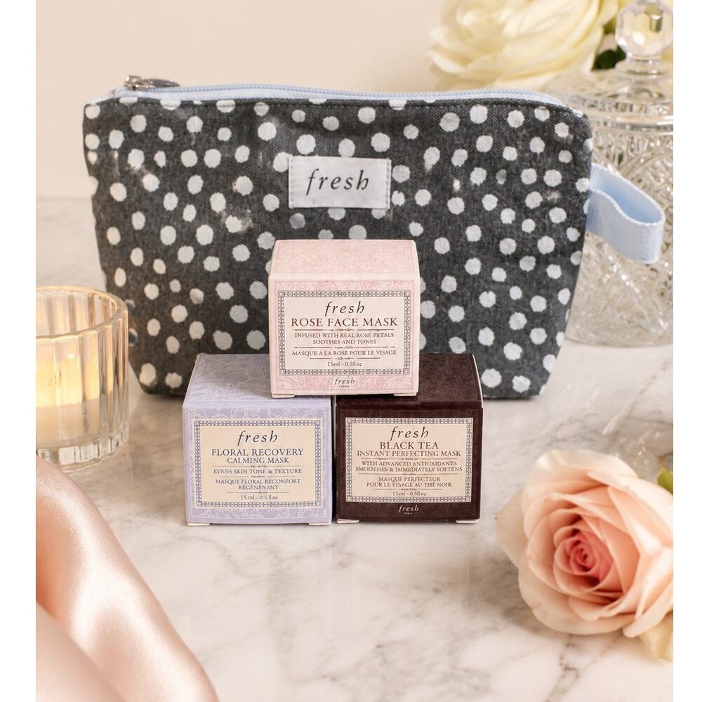 NEW Fresh Mini Face Masks Cosmetic Bag Rose, Black Tea & Floral Recovery Masks